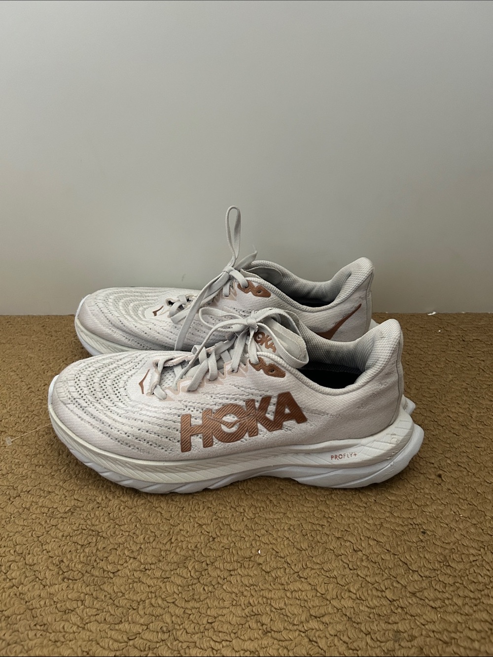 Hoka Women's Athletic Shoes in Cream with Rose Gold Logo